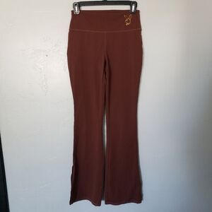 Playboy by Pacsun XS Brown Mid Rise Flare Yoga Leggings Slit Leg Rhinestone Y2K